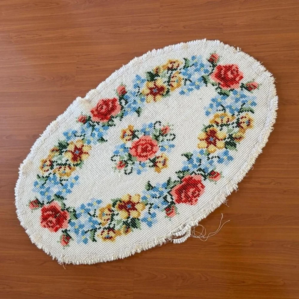 Vintage Latch‎ Hook Rug Red Blue Yellow Floral